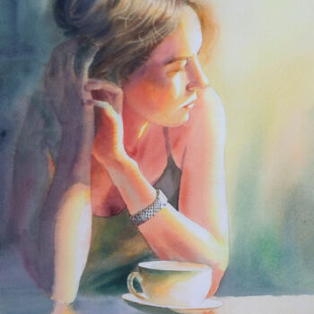 Painting titled "Café du matin Girl…" by Olga Beliaeva, Original Artwork, Watercolor