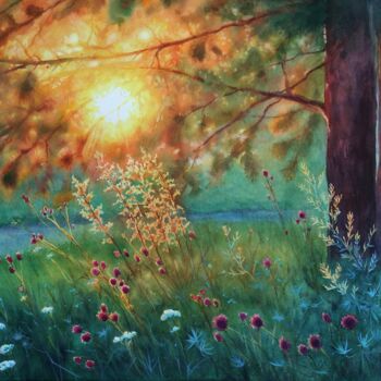 Schilderij getiteld "Pine forest at suns…" door Olga Beliaeva, Origineel Kunstwerk, Aquarel