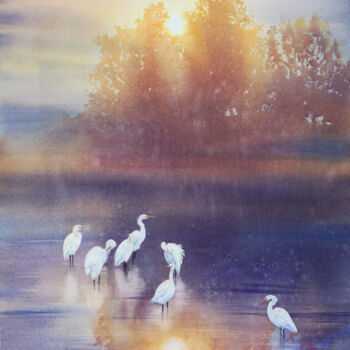 Pittura intitolato "White herons - Grea…" da Olga Beliaeva, Opera d'arte originale, Acquarello