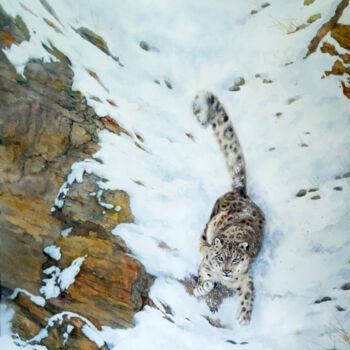 Painting titled "Snow Leopard on Mou…" by Olga Beliaeva, Original Artwork, Watercolor