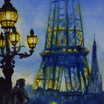 Schilderij getiteld "Eiffel Tower - Nigh…" door Olga Beliaeva, Origineel Kunstwerk, Aquarel