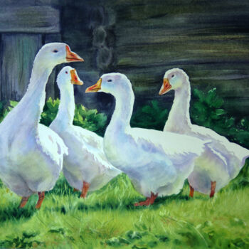 Pittura intitolato "White Geese waterco…" da Olga Beliaeva, Opera d'arte originale, Acquarello