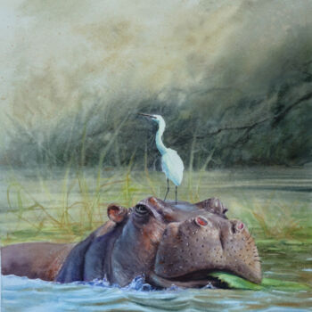 Pintura titulada "Hippo & Egret - Hip…" por Olga Beliaeva, Obra de arte original, Acuarela