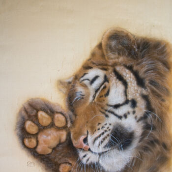 Schilderij getiteld "Dreamy tiger – Silk…" door Olga Belova, Origineel Kunstwerk, pigmenten