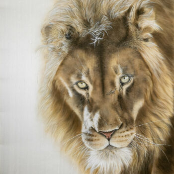 Pintura titulada "Lion Silk painting,…" por Olga Belova, Obra de arte original, Pigmentos