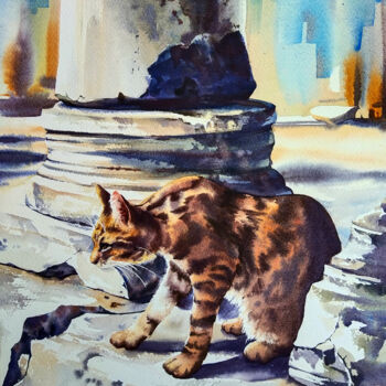 Картина под названием "Ephesus cat #3" - Olga Bezlepkina, Подлинное произведение искусства, Акварель
