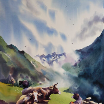 Painting titled "Irik-Chat. Cows - m…" by Olga Bezlepkina, Original Artwork, Watercolor