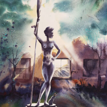 Painting titled "Girl with an oar #0…" by Olga Bezlepkina, Original Artwork, Watercolor