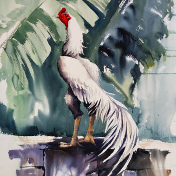 Schilderij getiteld "White Rooster" door Olga Bezlepkina, Origineel Kunstwerk, Aquarel