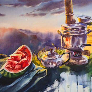 Painting titled "Sunset tea on Light…" by Olga Bezlepkina, Original Artwork, Watercolor
