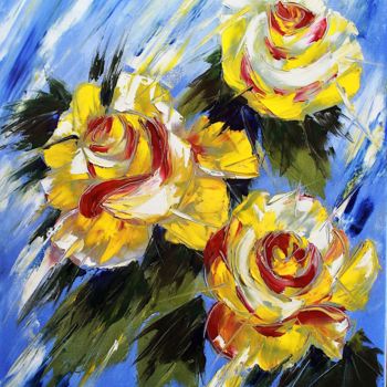 Malerei mit dem Titel "3-roses-fond-bleu" von Olga Chilova - Stephan, Original-Kunstwerk, Öl