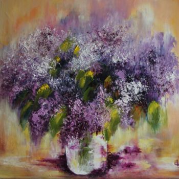 Schilderij getiteld "bouquet-lilas-fond-…" door Olga Chilova - Stephan, Origineel Kunstwerk, Olie