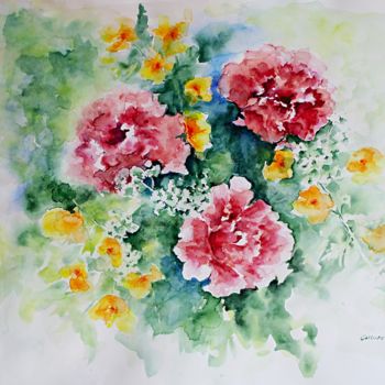 Painting titled "fleurs roses et jau…" by Olga Chilova - Stephan, Original Artwork, Watercolor