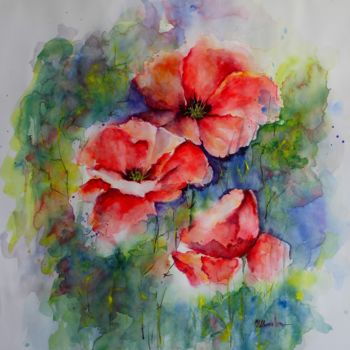 Painting titled "trois coquelicots a…" by Olga Chilova - Stephan, Original Artwork, Watercolor