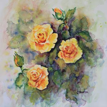 Pintura intitulada "trois roses jaunes…" por Olga Chilova - Stephan, Obras de arte originais, Aquarela