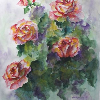 Malerei mit dem Titel "5 roses aquarelle 6…" von Olga Chilova - Stephan, Original-Kunstwerk, Aquarell