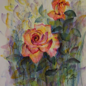 Картина под названием "2 roses aquarelle" - Olga Chilova - Stephan, Подлинное произведение искусства, Акварель