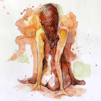 Drawing titled "Aktstudie 1020 Rück…" by Olga David, Original Artwork, Watercolor