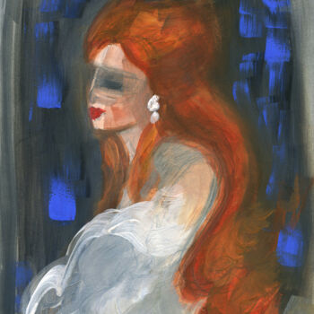 Painting titled "The Lady with Red H…" by Olga Gordiiuk, Original Artwork, Gouache