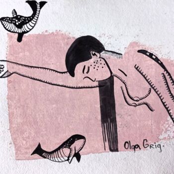Dessin intitulée "walvis en vrouw" par Olga Grig, Œuvre d'art originale, Encre