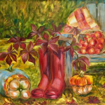 Painting titled "In Galina's garden" by Olga Ivanova, Original Artwork, Oil Mounted on Wood Stretcher frame