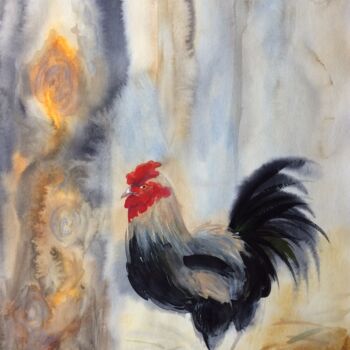 Painting titled "Rooster" by Olga Ivanova, Original Artwork, Watercolor