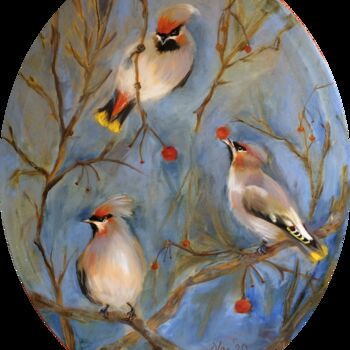 Painting titled "Waxwings" by Olga Ivanova, Original Artwork, Oil Mounted on Wood Stretcher frame