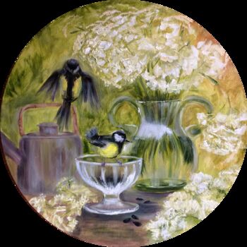 Painting titled "Garden guests" by Olga Ivanova, Original Artwork, Oil Mounted on Wood Stretcher frame