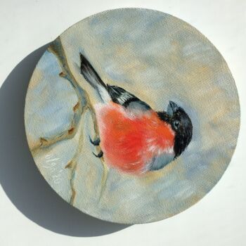 Painting titled "Bullfinch" by Olga Ivanova, Original Artwork, Oil Mounted on Wood Stretcher frame