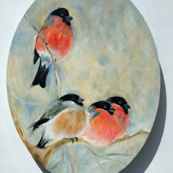 Painting titled "Four bullfinches" by Olga Ivanova, Original Artwork, Oil Mounted on Wood Stretcher frame