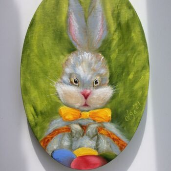 Painting titled "Easter Bunny" by Olga Ivanova, Original Artwork, Oil Mounted on Wood Stretcher frame