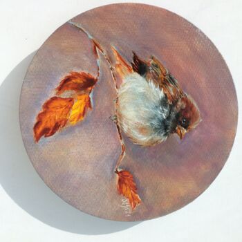 Painting titled "Sparrow" by Olga Ivanova, Original Artwork, Oil Mounted on Wood Stretcher frame