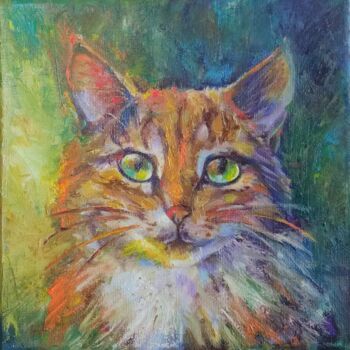 Ζωγραφική με τίτλο "Red Cat" από Oj, Αυθεντικά έργα τέχνης, Λάδι