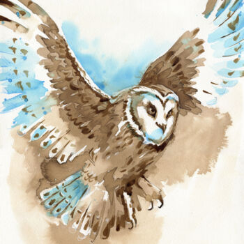 Peinture intitulée "Owl flying watercol…" par Olga Kamieshkova, Œuvre d'art originale, Aquarelle