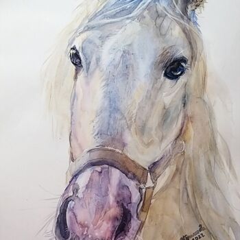 Peinture intitulée ""Лошадь с розовым н…" par Olga Kiriakova, Œuvre d'art originale, Aquarelle