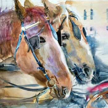 Картина под названием ""Рабочие лошади"" - Ольга Кирьякова, Подлинное произведение искусства, Акварель