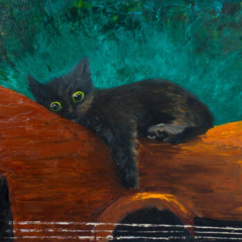 Картина под названием "A black cat on the…" - Olga Kolomenskaya, Подлинное произведение искусства, Масло Установлен на Дерев…