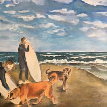 Malerei mit dem Titel "Surfer am Strand" von Polly Max, Original-Kunstwerk, Acryl