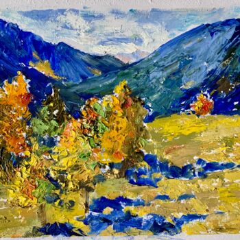 Painting titled ",,Autumn in Alps’’" by Olga Liutova-Amplatz, Original Artwork, Oil Mounted on Cardboard