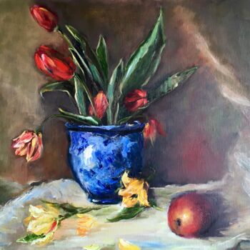 Painting titled "tulipes rouges" by Olga Liutova-Amplatz, Original Artwork, Oil Mounted on Wood Stretcher frame