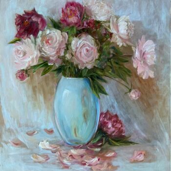 Schilderij getiteld "Peonies in a blue v…" door Olga Liutova-Amplatz, Origineel Kunstwerk, Olie Gemonteerd op Frame voor hou…