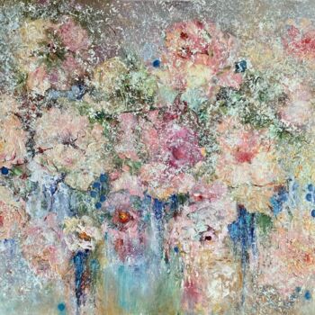 Painting titled "Snow waltz. Roses a…" by Olga Liutova-Amplatz, Original Artwork, Oil Mounted on Wood Stretcher frame