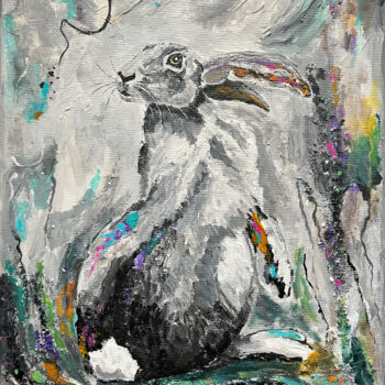 Painting titled "Bunny Painting Orig…" by Olga Mart, Original Artwork, Acrylic Mounted on Wood Stretcher frame