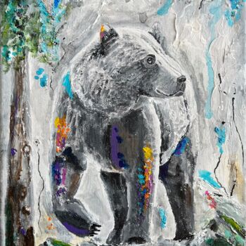 Painting titled "Bear painting on ca…" by Olga Mart, Original Artwork, Acrylic Mounted on Wood Stretcher frame