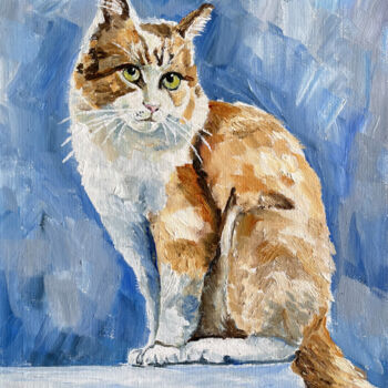 Painting titled "Ginger cat painting…" by Olga Mart, Original Artwork, Oil Mounted on Cardboard