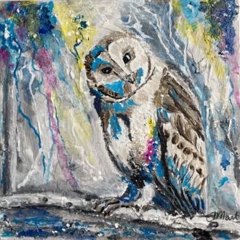 Painting titled "Owl painting origin…" by Olga Mart, Original Artwork, Acrylic Mounted on Wood Panel