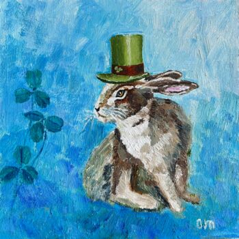 Painting titled "Bunny Painting Orig…" by Olga Mart, Original Artwork, Oil Mounted on Wood Panel