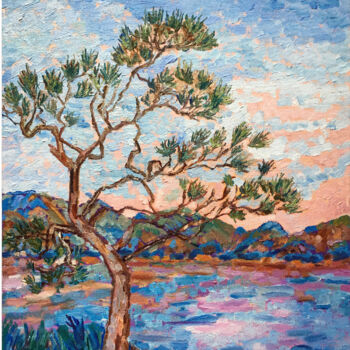 Painting titled "Pine tree wall art…" by Olga Mart, Original Artwork, Oil Mounted on Cardboard