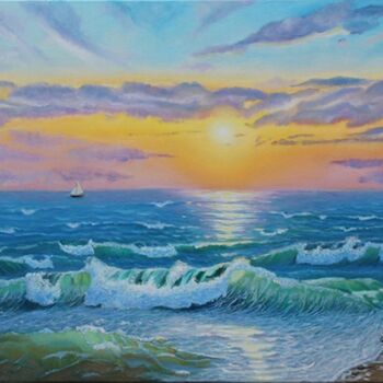 Painting titled "Sea sanset Oil Pain…" by Olga Mart, Original Artwork, Oil