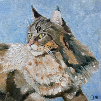 Painting titled "Cat maine coon" by Olga Mart, Original Artwork, Oil Mounted on Cardboard